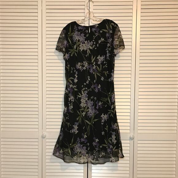Peri Petites Vintage Floral Round Neck Sheer Short Sleeve A-line Midi Dress 16P - Picture 2 of 7